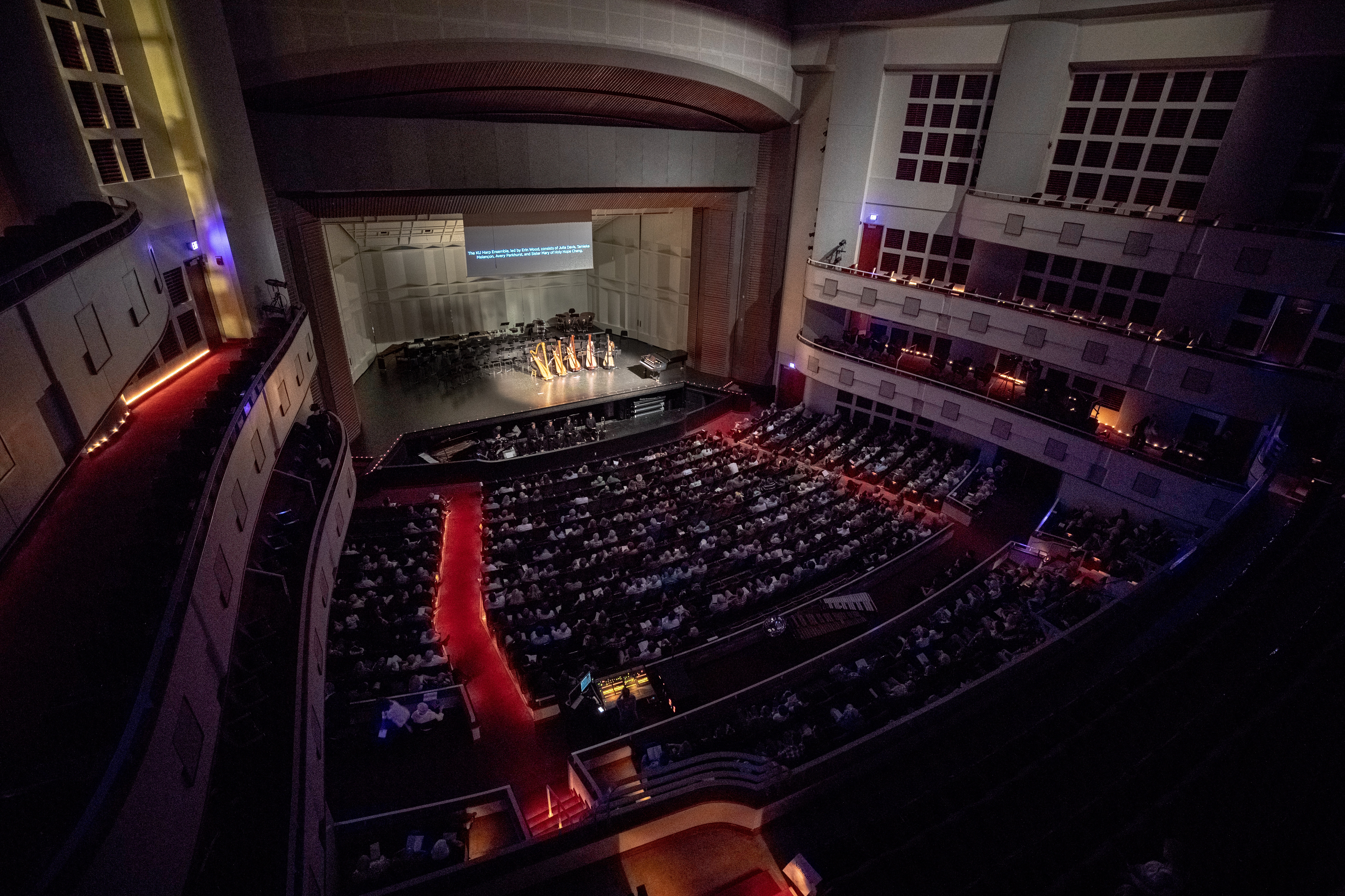 aerial view of a performance inside the Lied Center Auditorium