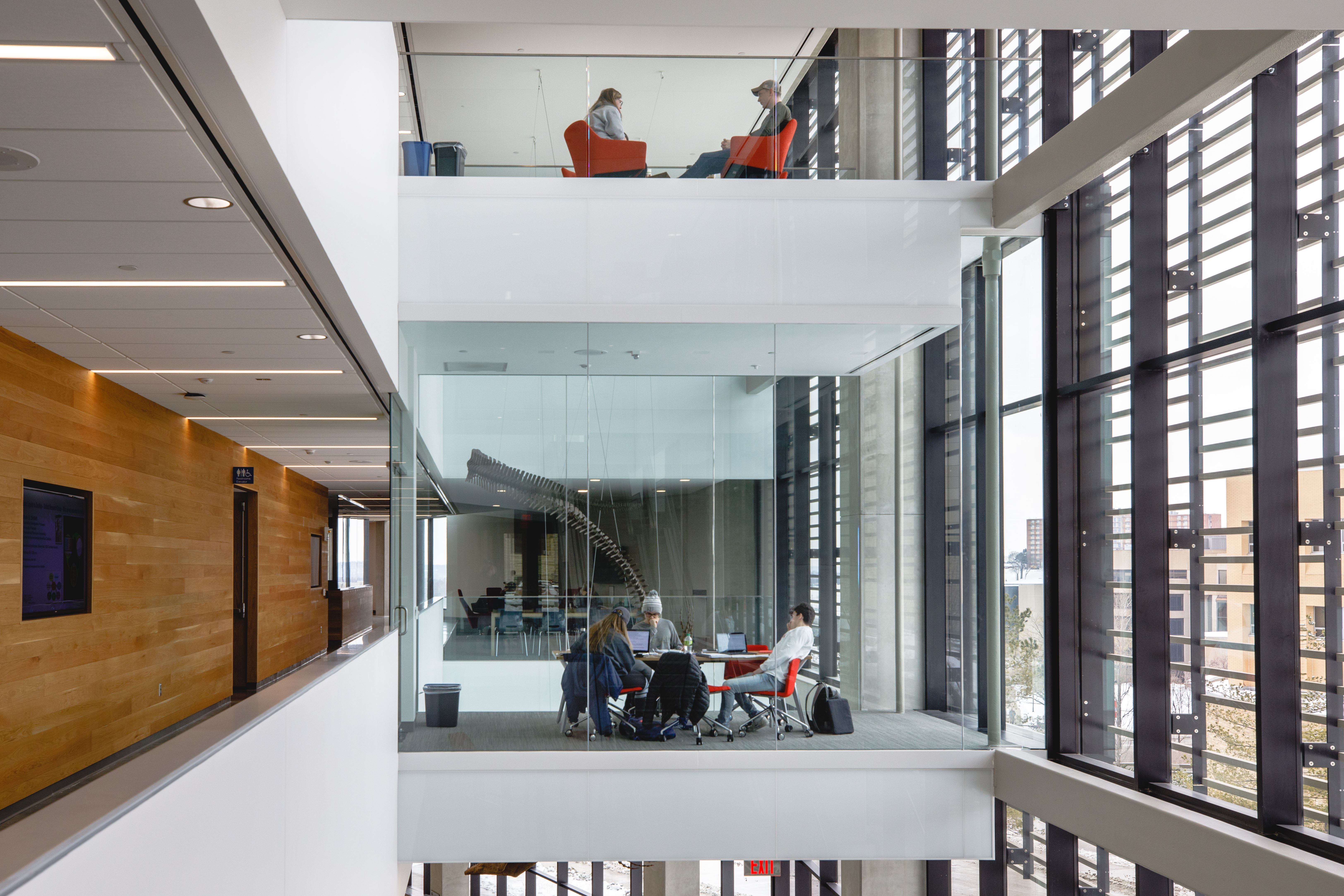 The interior of the Earth, Energy & Environment Center is a spacious combination of study areas and classrooms