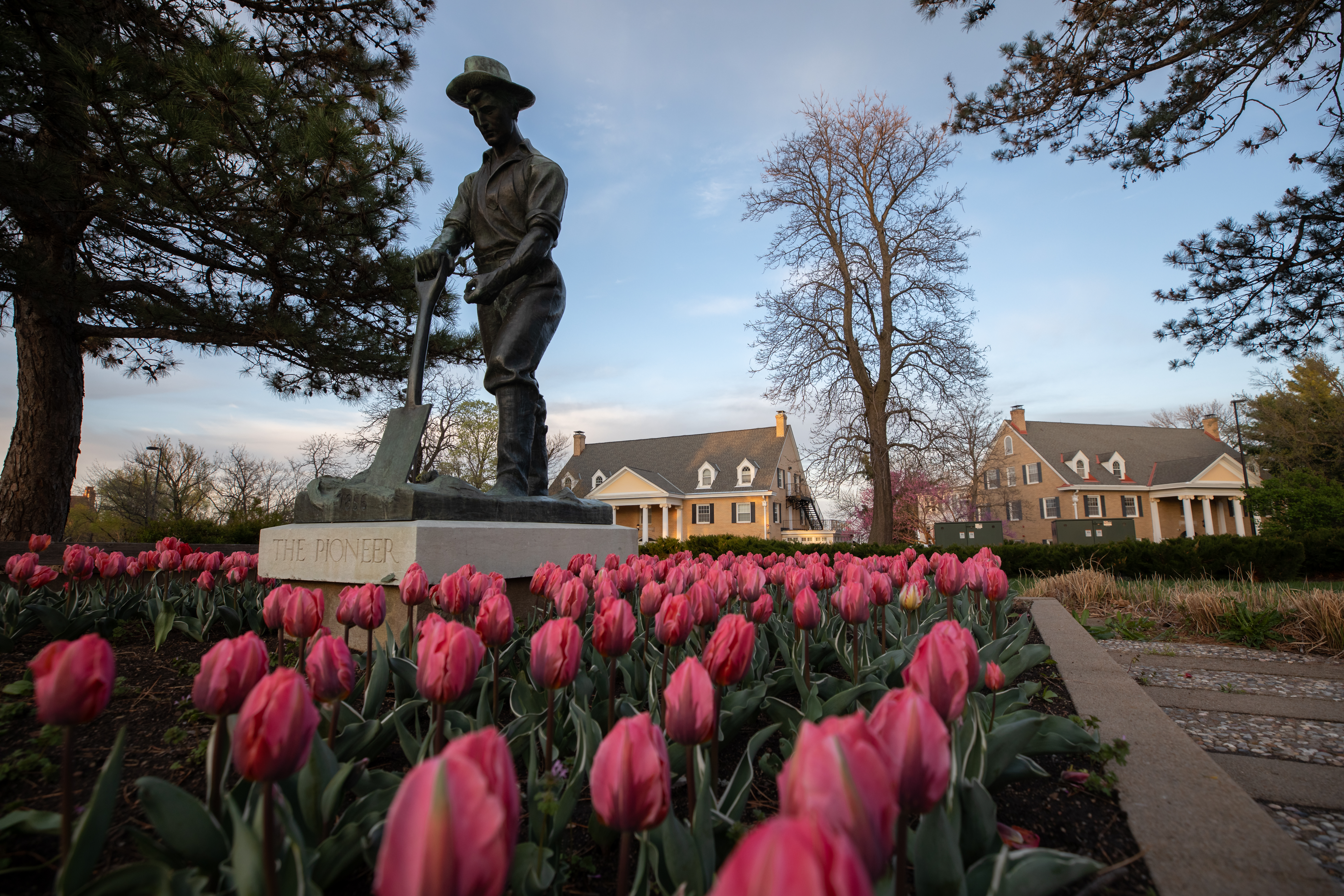 The Pioneer statue, surrounded by red tulips