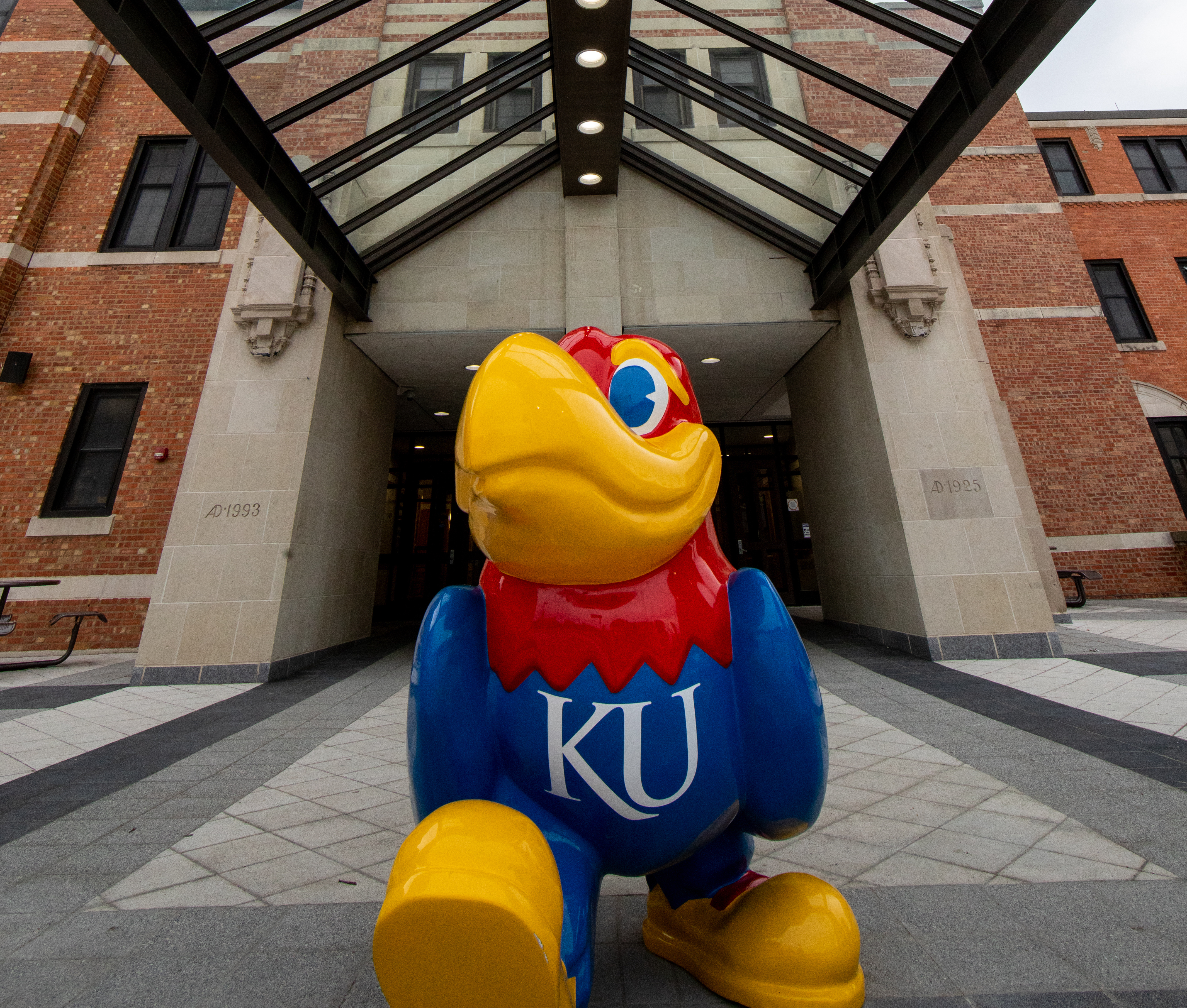 jayhawk statue inside the entrance of the memorial union