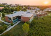 Aerial view of the Shankel complex of buildings at sunrise