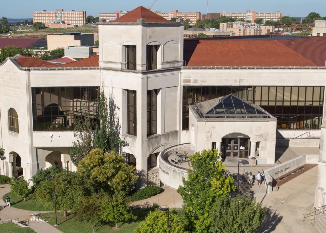 aerial view of Anschutz Library and its courtyard
