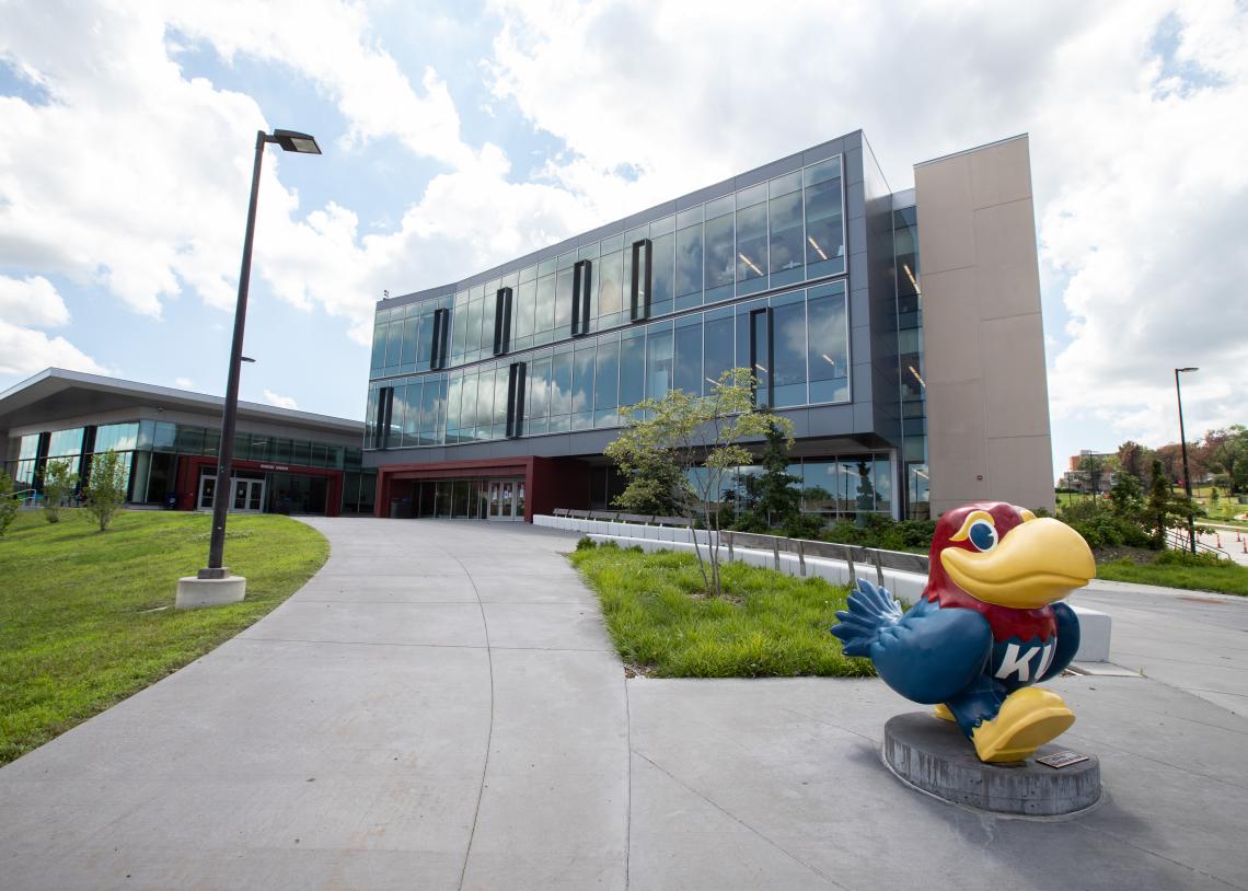 jayhawk statue in front courtyard outside Burge Union