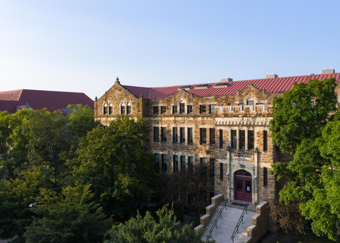 Aerial view of Marvin Hall and the trees that line its front entrance