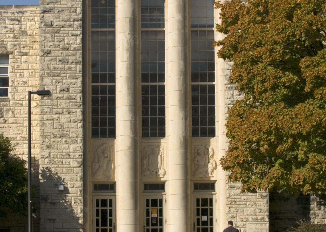 side entrance to Lindley Hall with relief sculptures above the doors