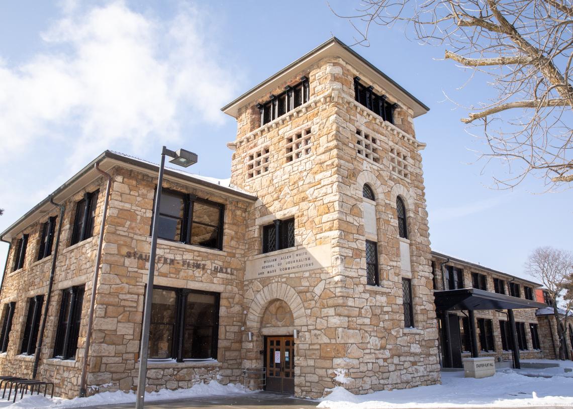 The exterior of Stauffer-Flint on a snowy day