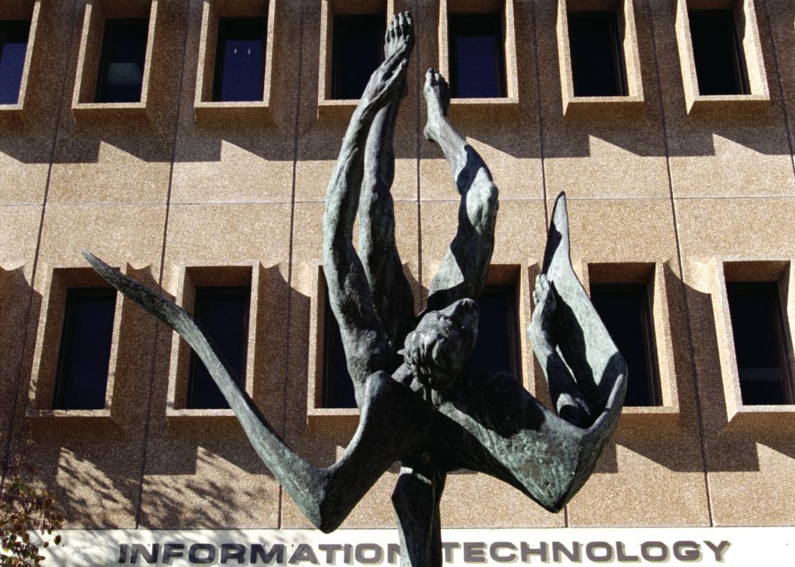 Icarus in front of Raymond Nichols Hall