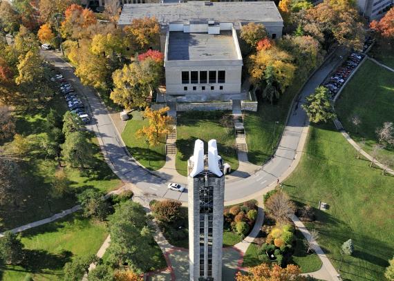 Aerial view of Memorial Drive from above the Campanile
