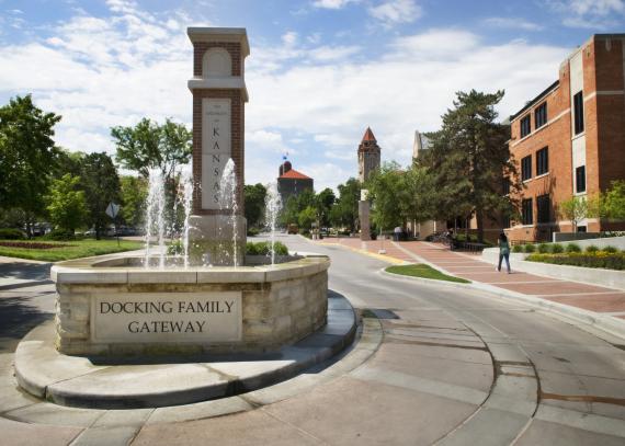 The pylon and fountain at the northeast edge of Jayhawk Boulevard are the Docking Family Gateway