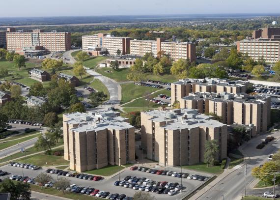 arial view of Jayhawker Towers Apartments