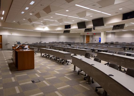 A tiered auditorium that seats 175 people