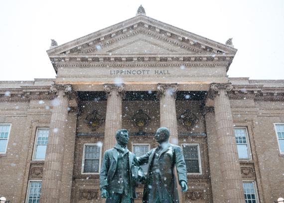 the front entrance of Lippincott Hall on a snowy day
