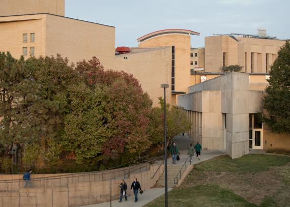 Students walking around Murphy Hall on KU’s Lawrence campus
