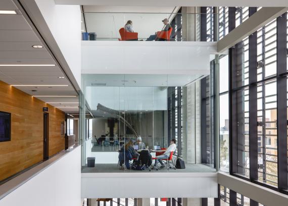 The interior of the Earth, Energy & Environment Center is a spacious combination of study areas and classrooms