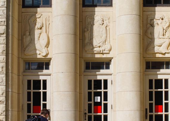 detail of the relief sculptures found at the entrance to Lindley Hall