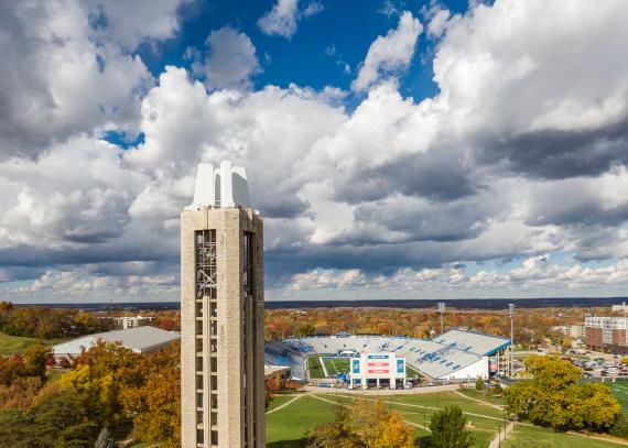Aerial view of the Campanile overlooking Memorial Stadium on KU’s Lawrence campus