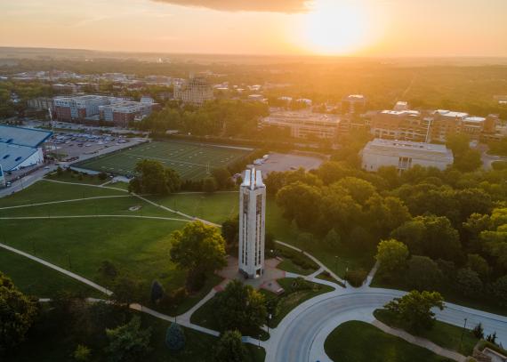 Aerial view of KU’s Lawrence campus during a sunset