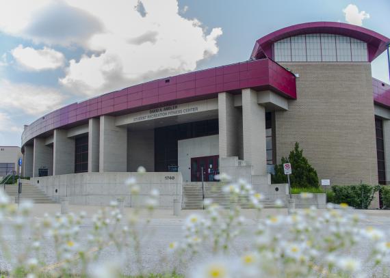 ambler Student Recreation Fitness Center with daisies in the foreground